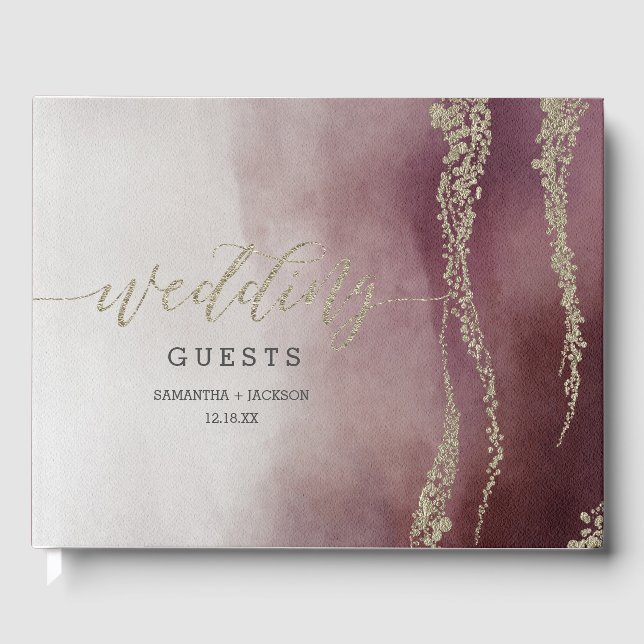 Elegant Vattenfärg i Cranberry Bröllop Monogram Gästböcker (Framsida)