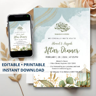Elegant vattenfärg Iftar-inbjudan Guldblad Inbjudningar