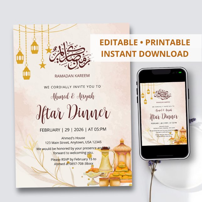 Elegant vattenfärg Iftar middagsinbjudan datum Inbjudningar (Skapare uppladdad)