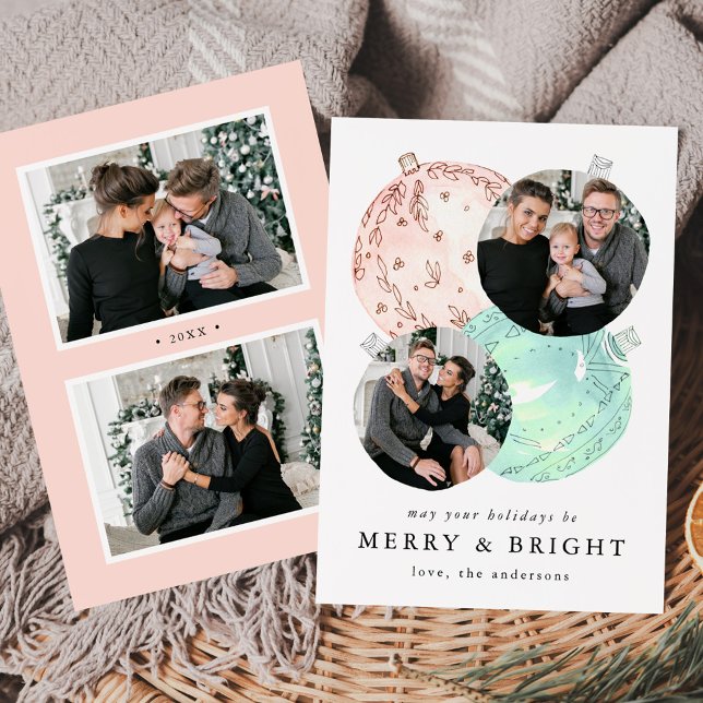 Elegant Vattenfärg jul Baubles 4 Photo Julkort (Skapare uppladdad)