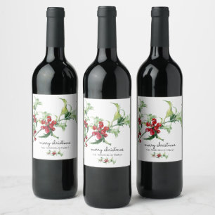 Elegant Vattenfärg Julen Holly Bär Namn Vinflaska Etikett