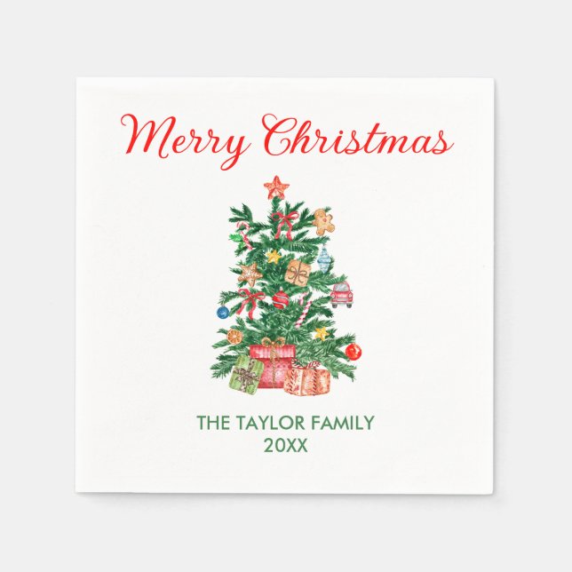 Elegant Vattenfärg Julgran Ornaments & Gift Pappersservett (Framsidan)