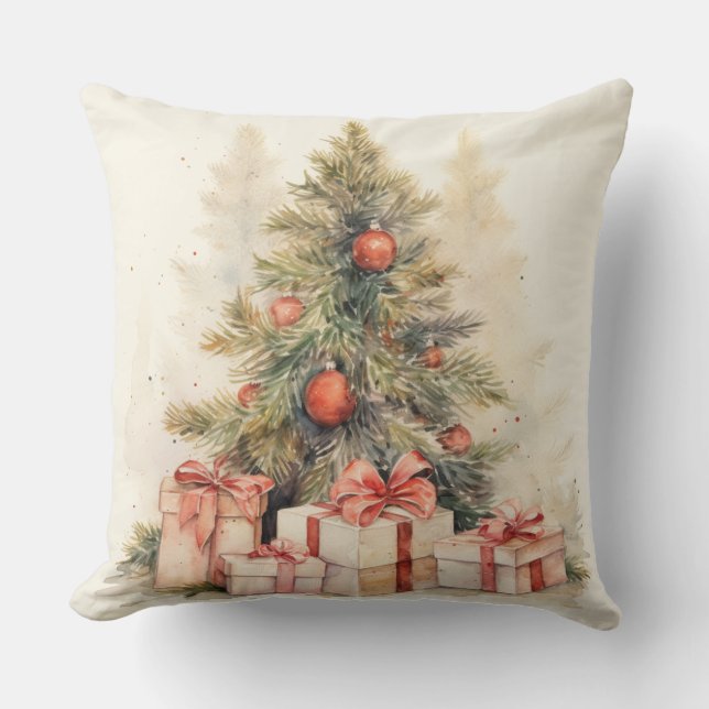 Elegant Vattenfärg Julgran Pillow Kudde (Framsida)