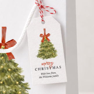 Elegant vattenfärg julgran röd slinga familj presentetikett