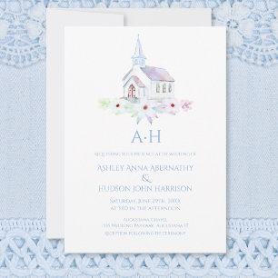 Elegant vattenfärg kyrka blomster monogram bröllop inbjudningar