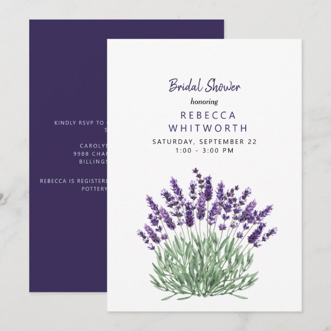 Elegant vattenfärg lavendel bröllopsdusch inbjudningar (Fram/baksida)