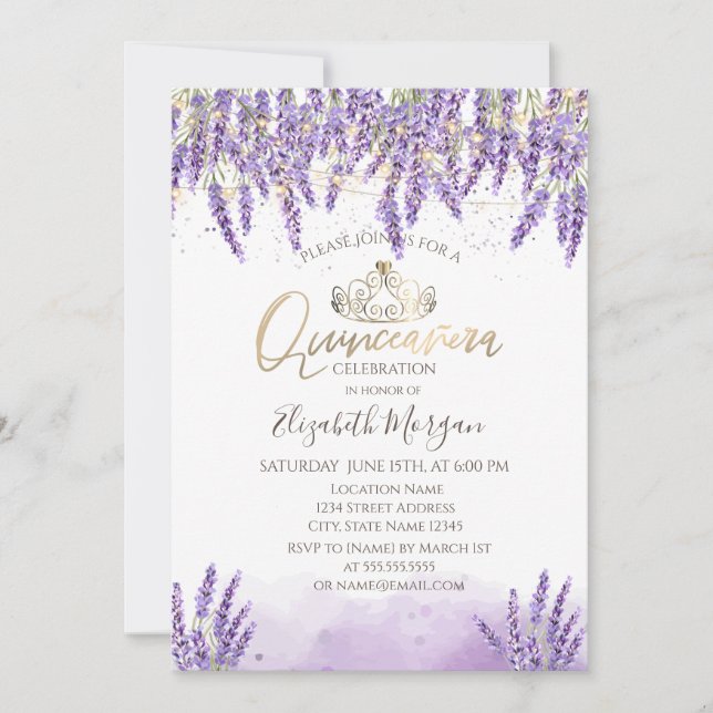 Elegant vattenfärg lavendel,Strängljus Quinceanera Inbjudningar (Framsida)