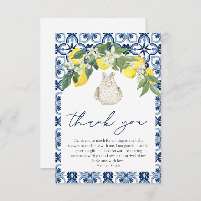 Elegant vattenfärg Lemon Positano Baby Shower Tack Kort (Fram/baksida)