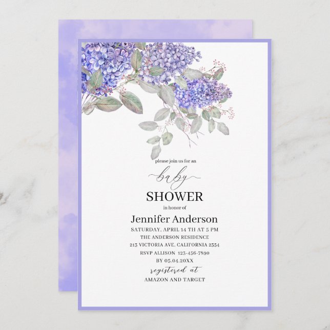 Elegant vattenfärg Lilac Flowers Baby Shower Inbjudningar (Fram/baksida)