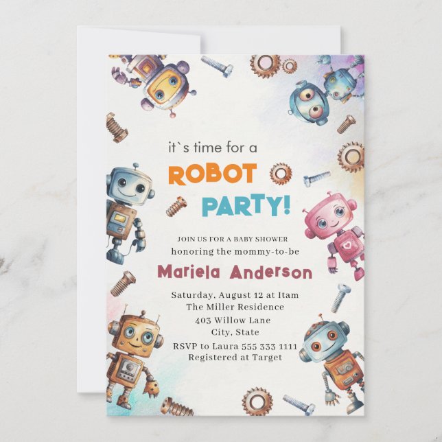 Elegant Vattenfärg Little Robots Baby Shower Inbjudningar (Framsida)