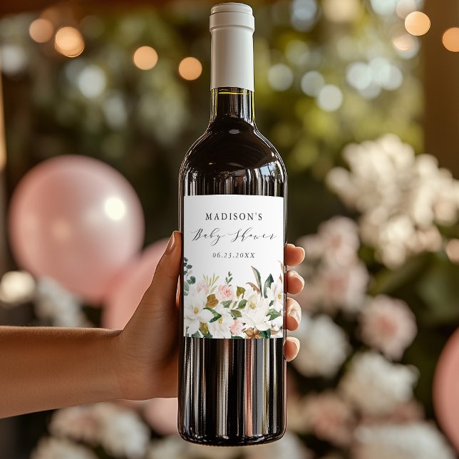 Elegant Vattenfärg Magnolias Baby Shower Vinflaska Etikett (Skapare uppladdad)