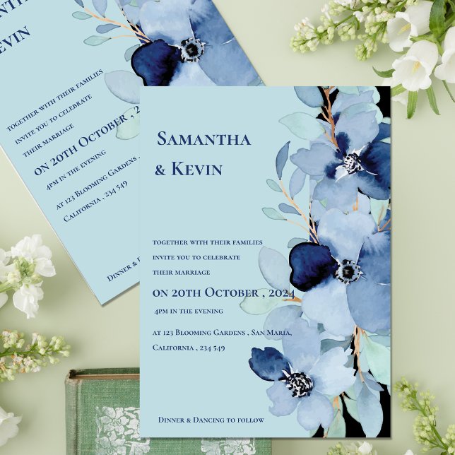 Elegant Vattenfärg Moody blå Blommigt Bröllop Inbjudningar (Elegant Watercolor Moody Blue Floral Wedding Invitation)