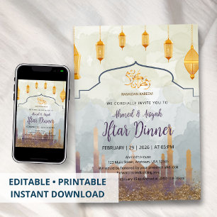 Elegant Vattenfärg Moske & Gyllene Lyktor Iftar Inbjudningar