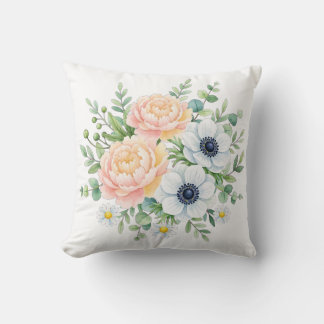 Elegant vattenfärg paeonia och vit anemone blomste kudde