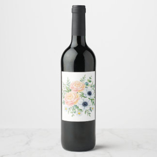 Elegant vattenfärg päron och vit anemone blomster vinflaska etikett