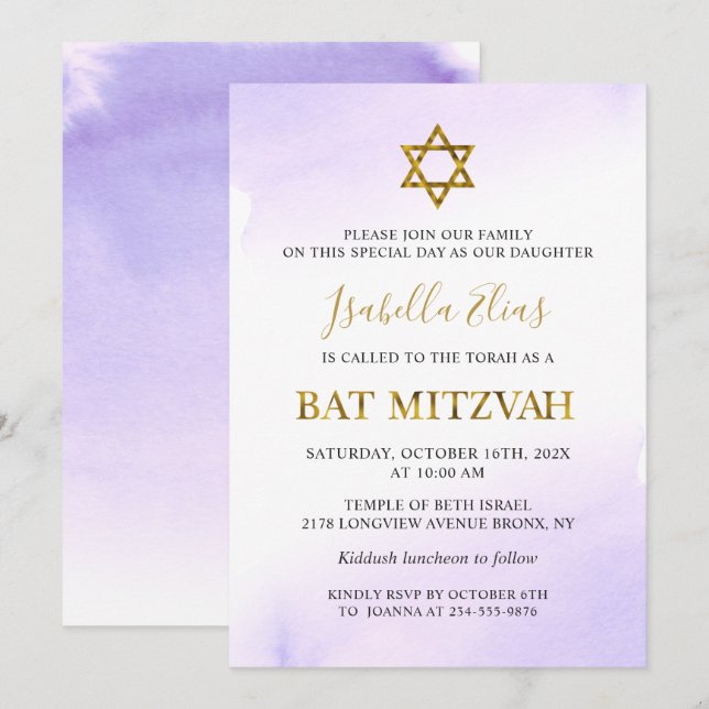 Elegant Vattenfärg Pastel Lila Guld Bat mitzvah Inbjudningar (Fram/baksida)