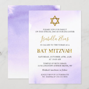 Elegant Vattenfärg Pastel Lila Guld Bat mitzvah Inbjudningar