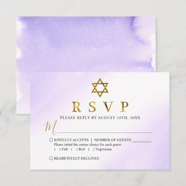 Elegant Vattenfärg Pastel Lila Guld Bat mitzvah OSA Kort (Fram/baksida)