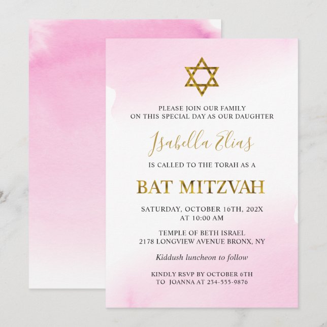 Elegant Vattenfärg Pastel Rosa Guld Bat mitzvah Inbjudningar (Fram/baksida)