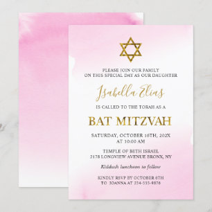 Elegant Vattenfärg Pastel Rosa Guld Bat mitzvah Inbjudningar