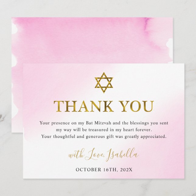 Elegant Vattenfärg Pastel Rosa Guld Bat mitzvah Tack Kort (Fram/baksida)
