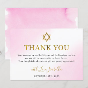 Elegant Vattenfärg Pastel Rosa Guld Bat mitzvah Tack Kort