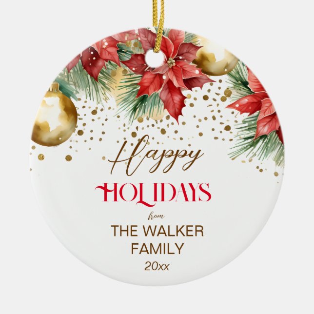Elegant vattenfärg poinsettia Julfoto Julgransprydnad Keramik (Framsidan)