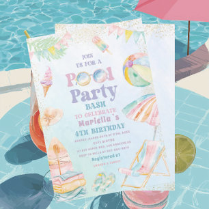 Elegant vattenfärg pool fest 4-års födelsedag flic inbjudningar