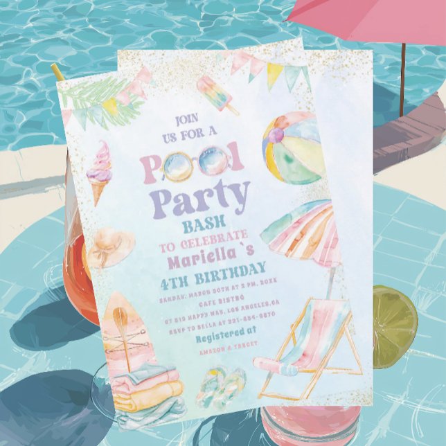 Elegant vattenfärg pool fest 4-års födelsedag flic inbjudningar (Skapare uppladdad)