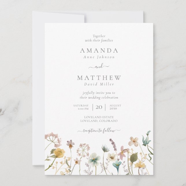 Elegant vattenfärg pressade blommor bröllop inbjudningar (Framsida)