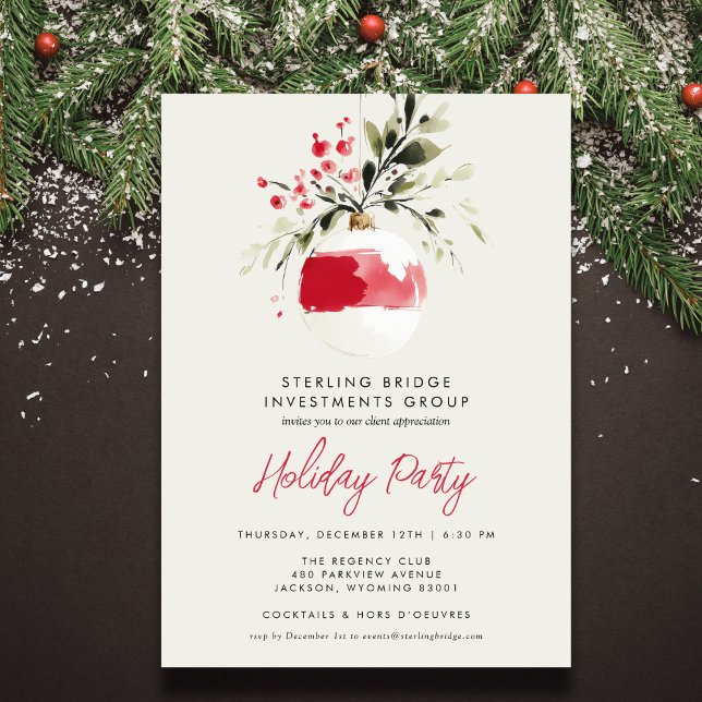 Elegant vattenfärg prydnad affär julfest julkort (Personalize for your business holiday party or open house. Back features a soft mistletoe pattern.)