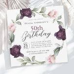 Elegant Vattenfärg Ro Blommigt  50:e födelsedagen Inbjudningar<br><div class="desc">Ett mjukt, lyxaktigt 50:e födelsedagsfest inbjudan där brännpunkten är en utandning av delikat vattenfärg ro som målats i mjuka nyp och rik plum som är lila sammanflätat med sprickor vispigt grönaktig. Den här blommigten ram er text med romantisk och elegant beröring. Med en blandning av elegant serif och modernt skript...</div>