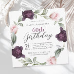 Elegant Vattenfärg Ro Blommigt 60:e födelsedagen Inbjudningar<br><div class="desc">Ett mjukt, lyxigt 60:e födelsedagsfest inbjudan där brännpunkten är en utandning av delikat vattenfärg ro som målats i mjuka nyp och rik plum lila sammanflätat med sprickor av vispisk grön energi. Den här blommigten ram er text med romantisk och elegant beröring. Med en blandning av elegant serif och modernt skript...</div>
