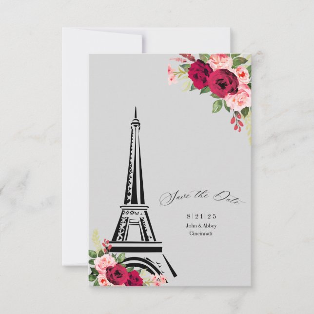 Elegant vattenfärg ro spara datumet eiffel tack kort (Framsida)