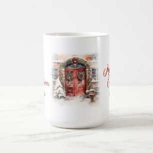Elegant, vattenfärg, röd dörr snö gräs träd kaffemugg