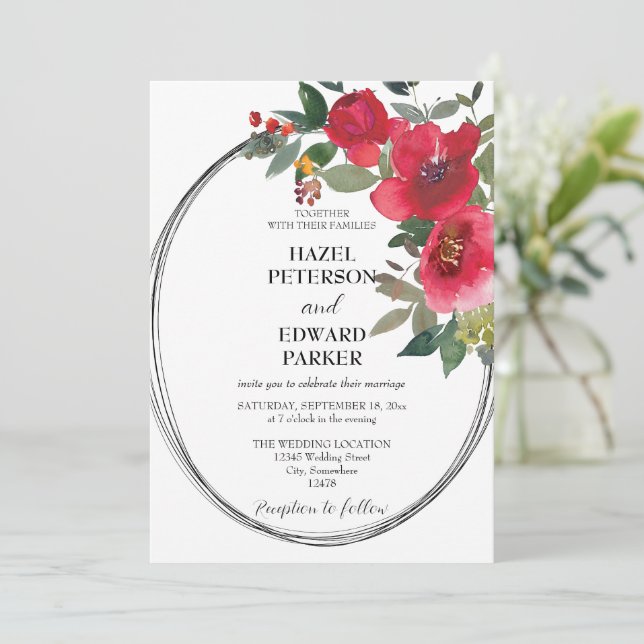 Elegant vattenfärg röd ros blomsterbröllop inbjudningar (Stående Fram)