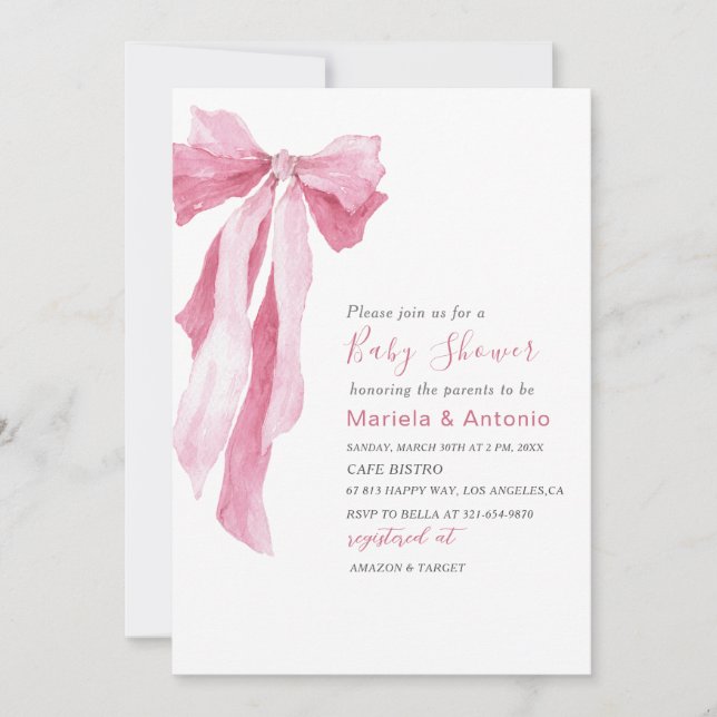 Elegant vattenfärg rosa båge flicka baby shower inbjudningar (Framsida)