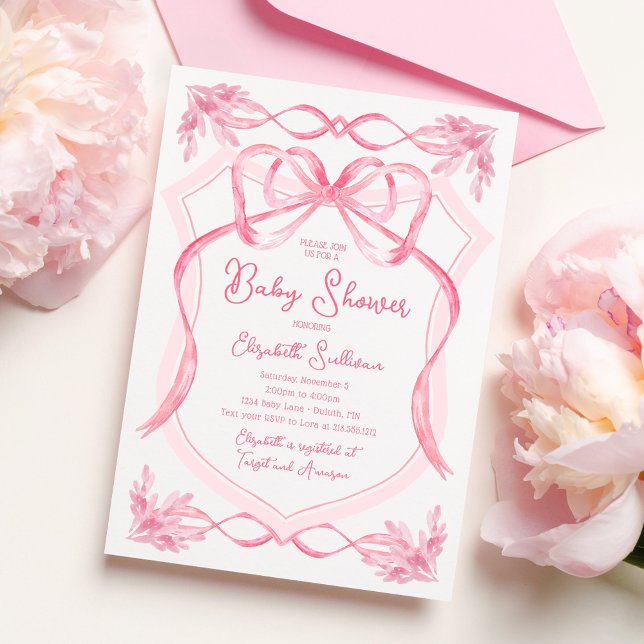Elegant vattenfärg rosa band baby shower inbjudningar (Dainty Watercolor Pink Ribbon Baby Shower Invitation)