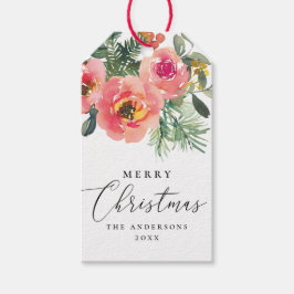 Elegant Vattenfärg Rosa Blommig God Jul Presentetikett