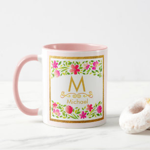 Elegant vattenfärg Rosa Blommig Guld Monogram Mugg