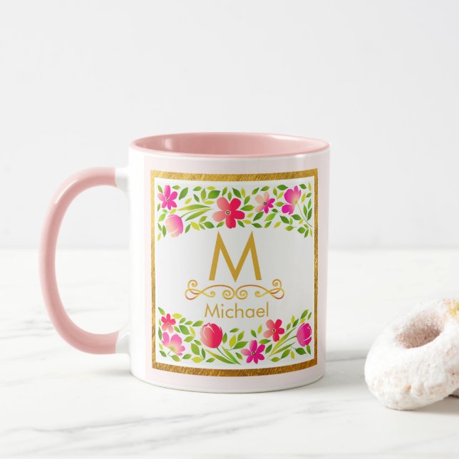 Elegant vattenfärg Rosa Blommig Guld Monogram Mugg (Med munk)