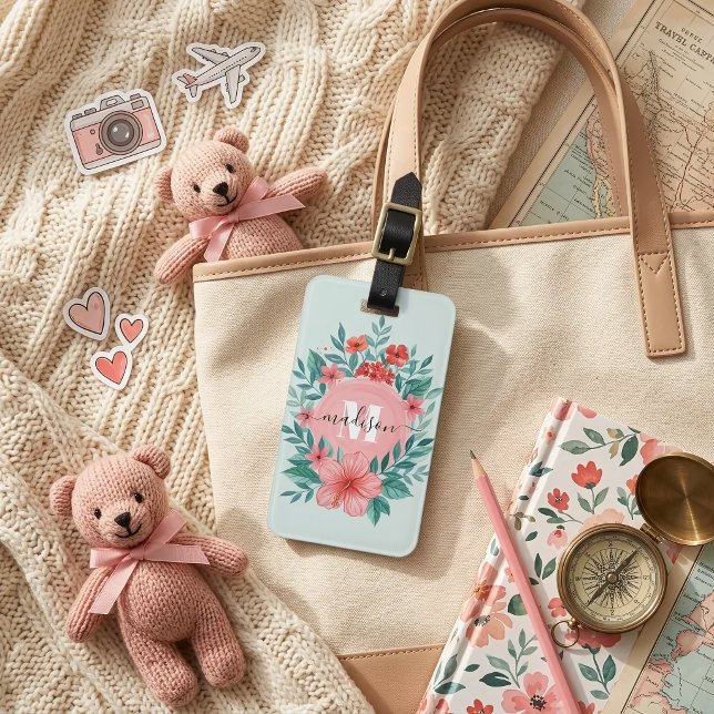 Elegant vattenfärg rosa blomster monogramnamn bagagebricka (Skapare uppladdad)