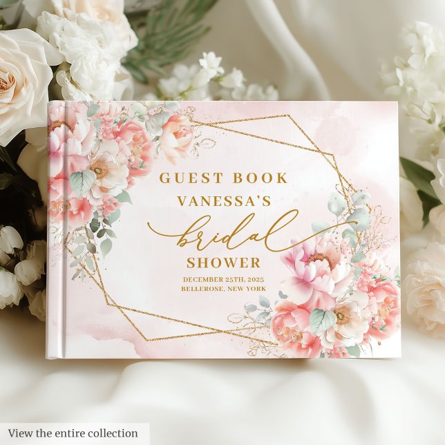 Elegant vattenfärg rosa guldroser bröllopsfest gästböcker (Chic Watercolor Blush Gold Roses Bridal Shower Guest Book)