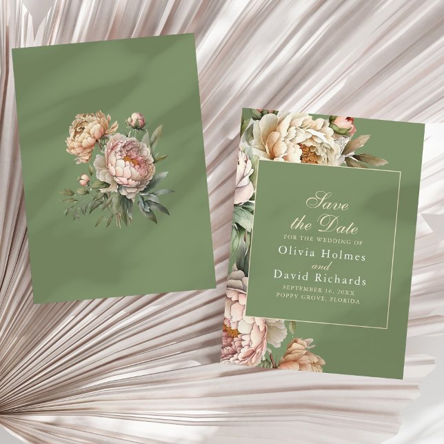 Elegant Vattenfärg  Rosa Peonies Bröllop Spara Datumet (Elegant Watercolor Blush Pink Peonies Wedding Save The Date on a sunny neutral dry palm leaf.)