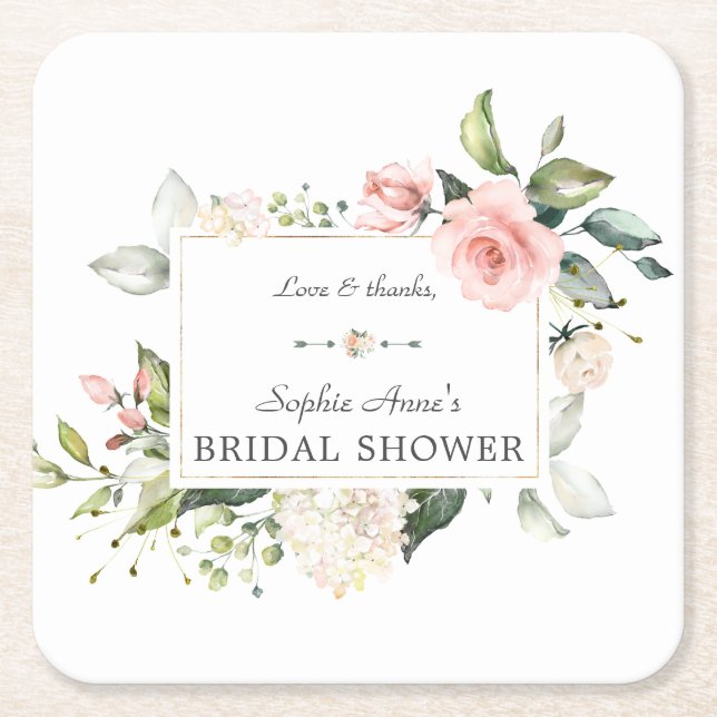 Elegant vattenfärg rosa rodnad blomsterbröllopsdus underlägg papper kvadrat (Framsidan)