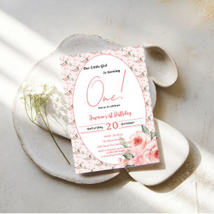 Elegant vattenfärg rosa ros flicka 1-årsdag inbjudningar