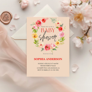 Elegant vattenfärg rosafärgad blomster baby shower inbjudningar