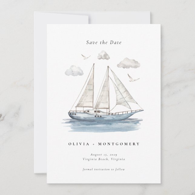 Elegant Vattenfärg Sailing Yacht Save Date Inbjudningar (Framsida)