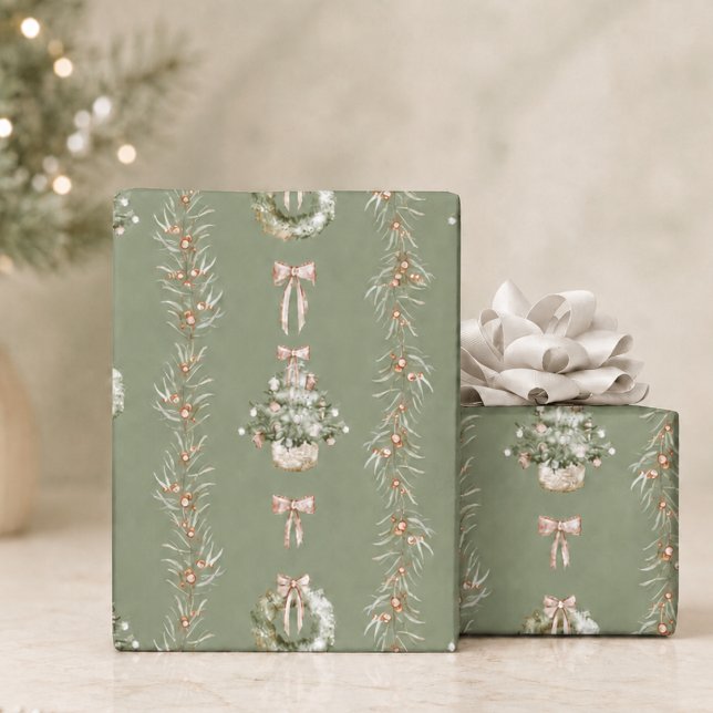 Elegant vattenfärg Salvia julkrans Presentpapper (elegant classic sweet watercolor sage green christmas tree wreath coquette bow gift wrapping paper)