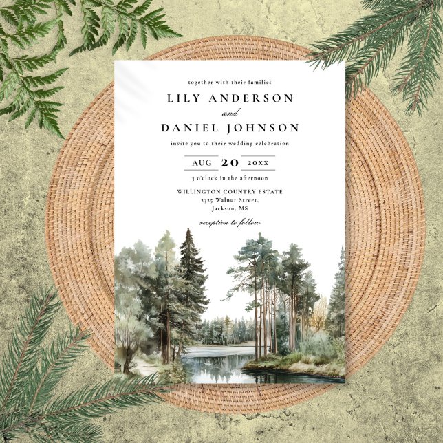 Elegant vattenfärg sjö skog bröllop inbjudningar (Elegant Watercolor Lake Forest Woodland Wedding Invitation)